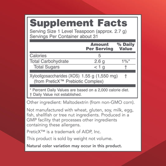Back of Protocol for Life Balance Prebiotic Powder XOS packaging with nutrition and ingredients