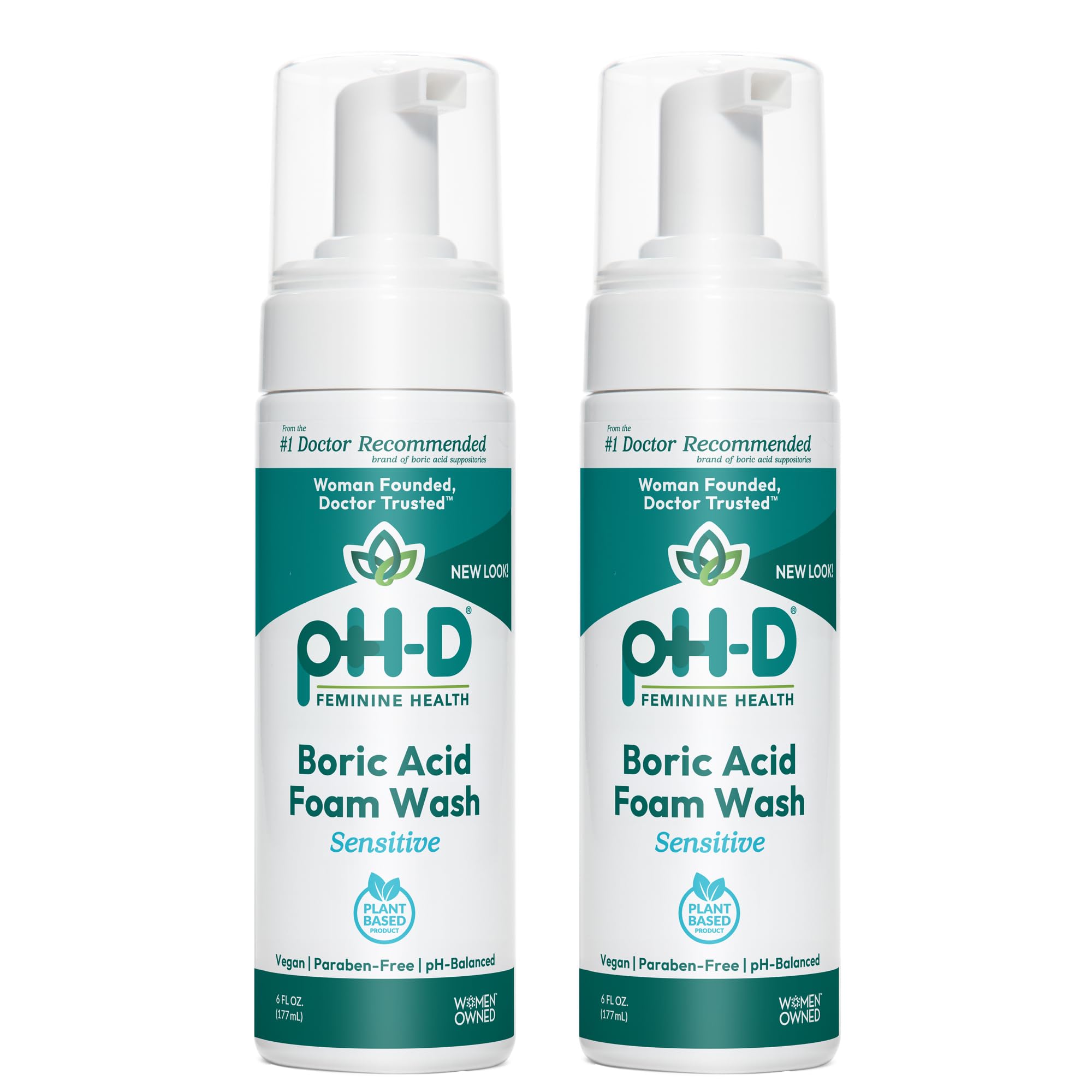 pH-D boric acid foam wash bottle demonstrates gentle cleansing for sensitive skin.