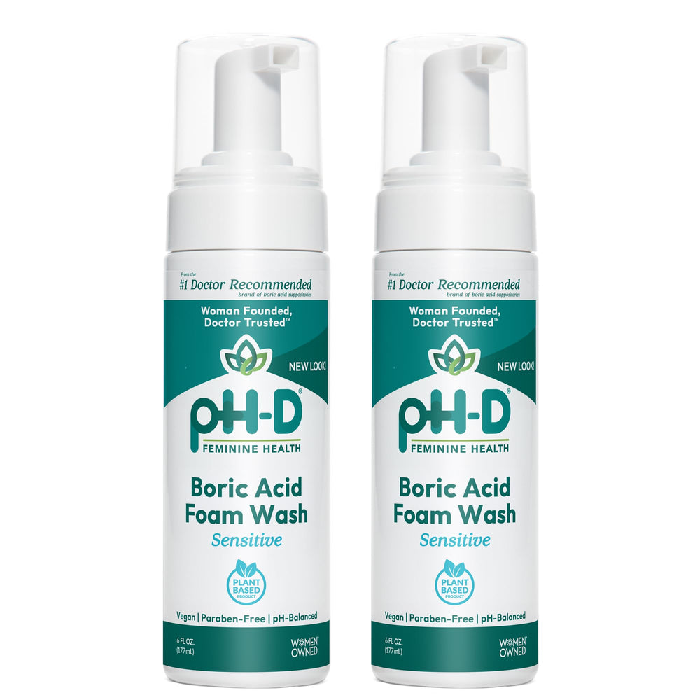 pH-D boric acid foam wash bottle demonstrates gentle cleansing for sensitive skin.