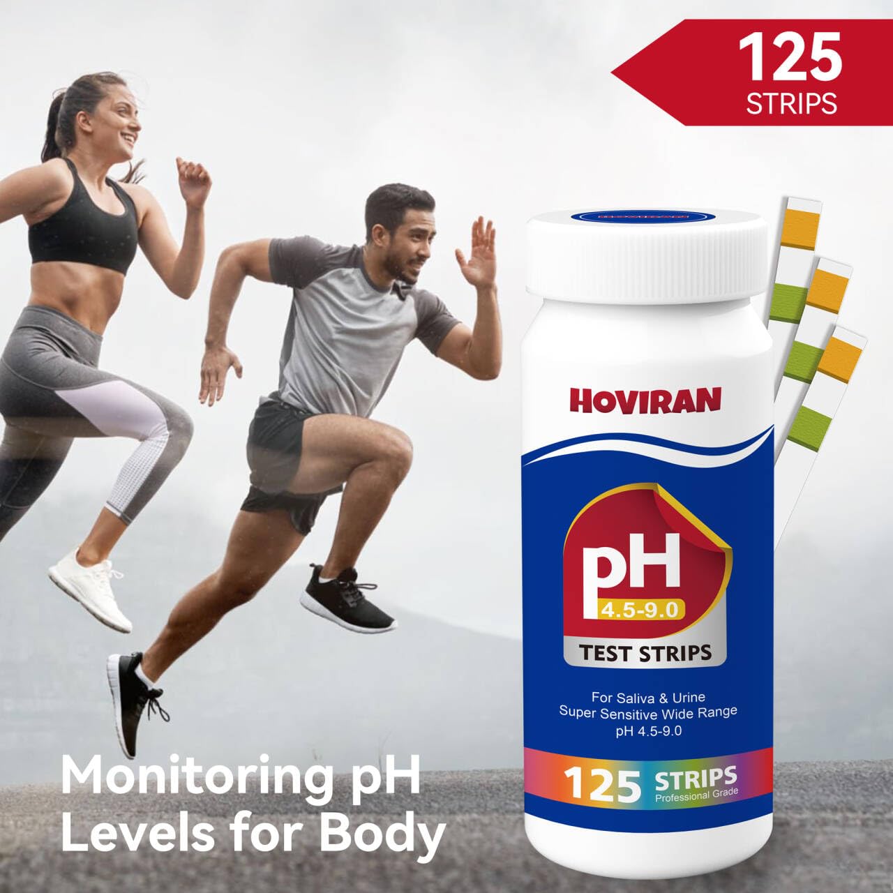 Dip a pH test strip into a saliva sample