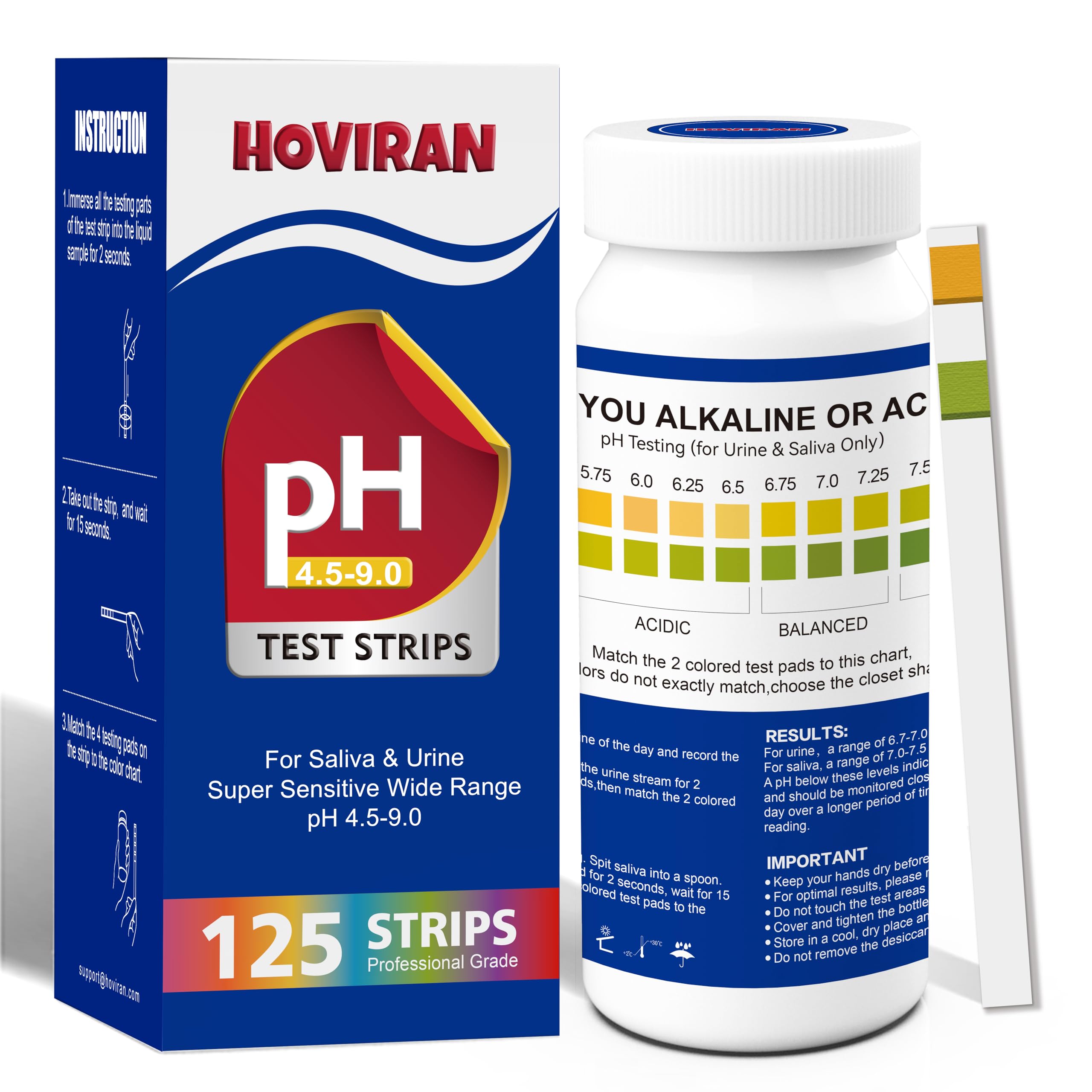 Urine and saliva pH test strips kit with 125 strips