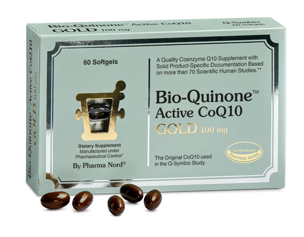 Front view of Pharma Nord Bio-Quinone Gold CoQ10 100mg bottle with 60 softgels