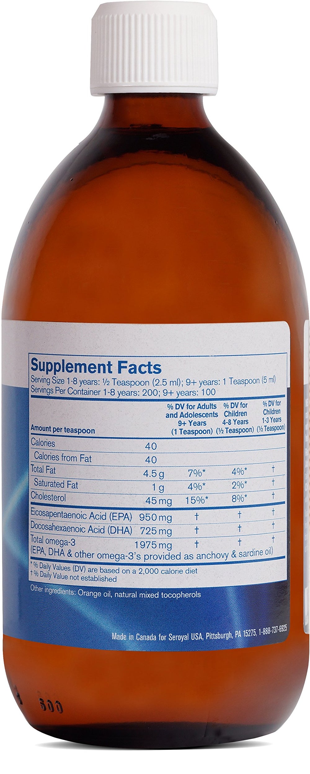 Close-up of Pharmax fish oil bottle showing orange flavor