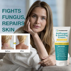 PHARMBANNER cream near groin area demonstrates versatile placement for irritation relief.