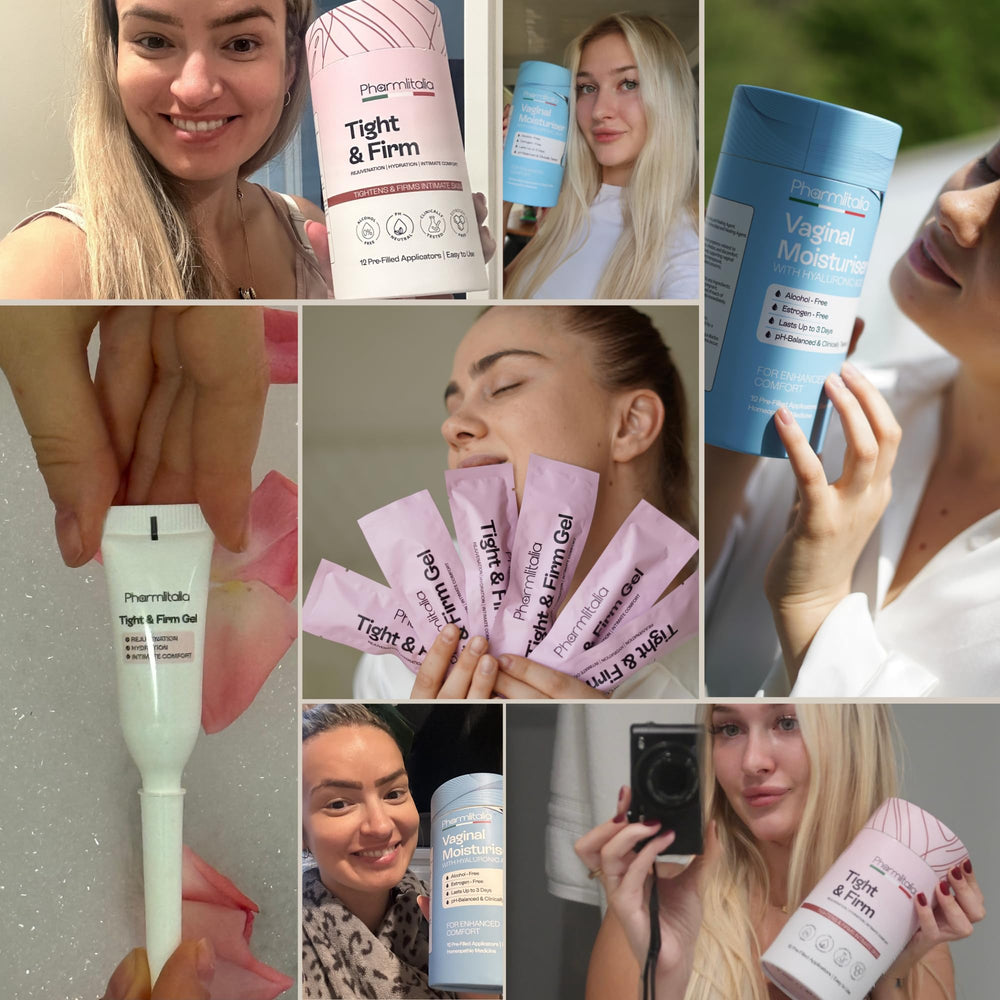Pharmlitalia Vag Tightening Gel texture close-up highlights silky gel consistency.