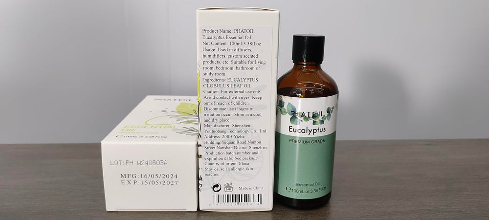 Detail of eucalyptus essential oil bottle label