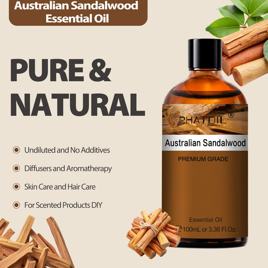 Close-up of PHATOIL Australian Sandalwood Essential Oil bottle