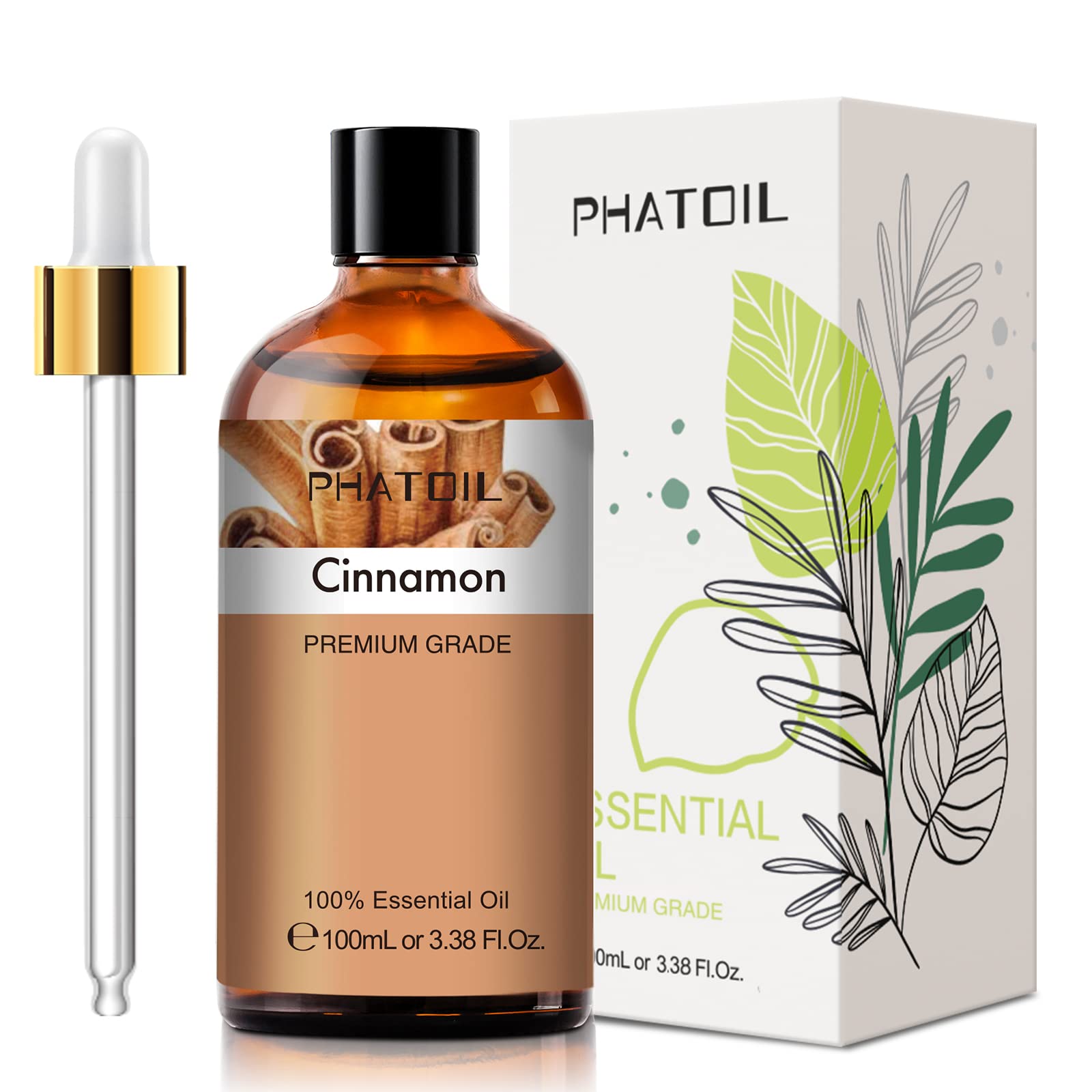 Front view of PHATOIL Cinnamon Essential Oil 100ml amber glass bottle