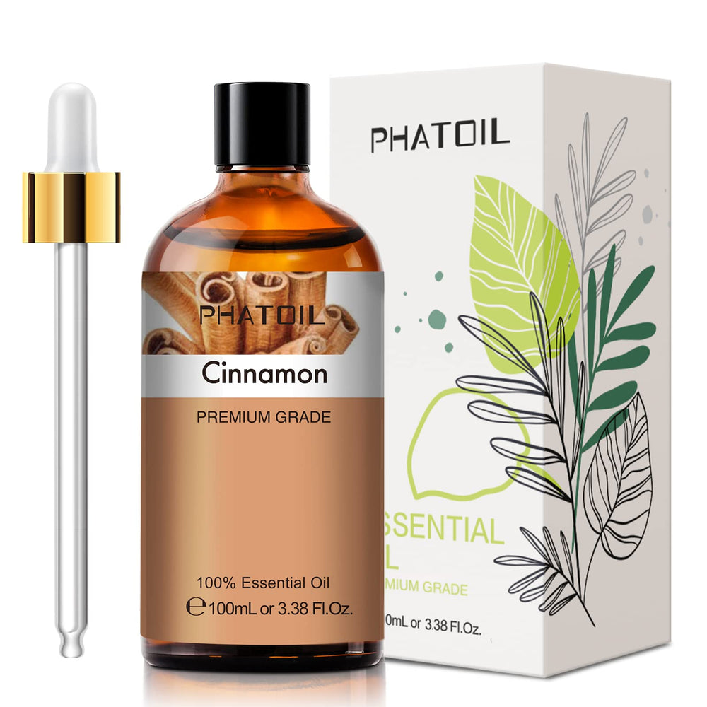 Front view of PHATOIL Cinnamon Essential Oil 100ml amber glass bottle
