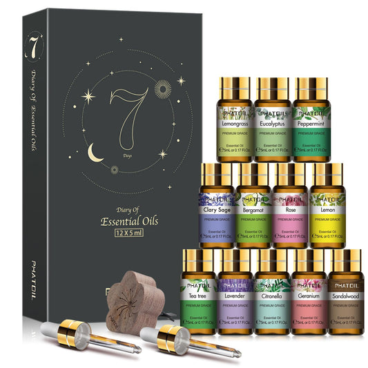 PHATOIL 12x5ml essential oil gift set in a diffused wood presentation box