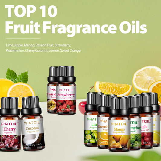 Assorted PHATOIL fruit fragrance oil bottles including coconut and mango