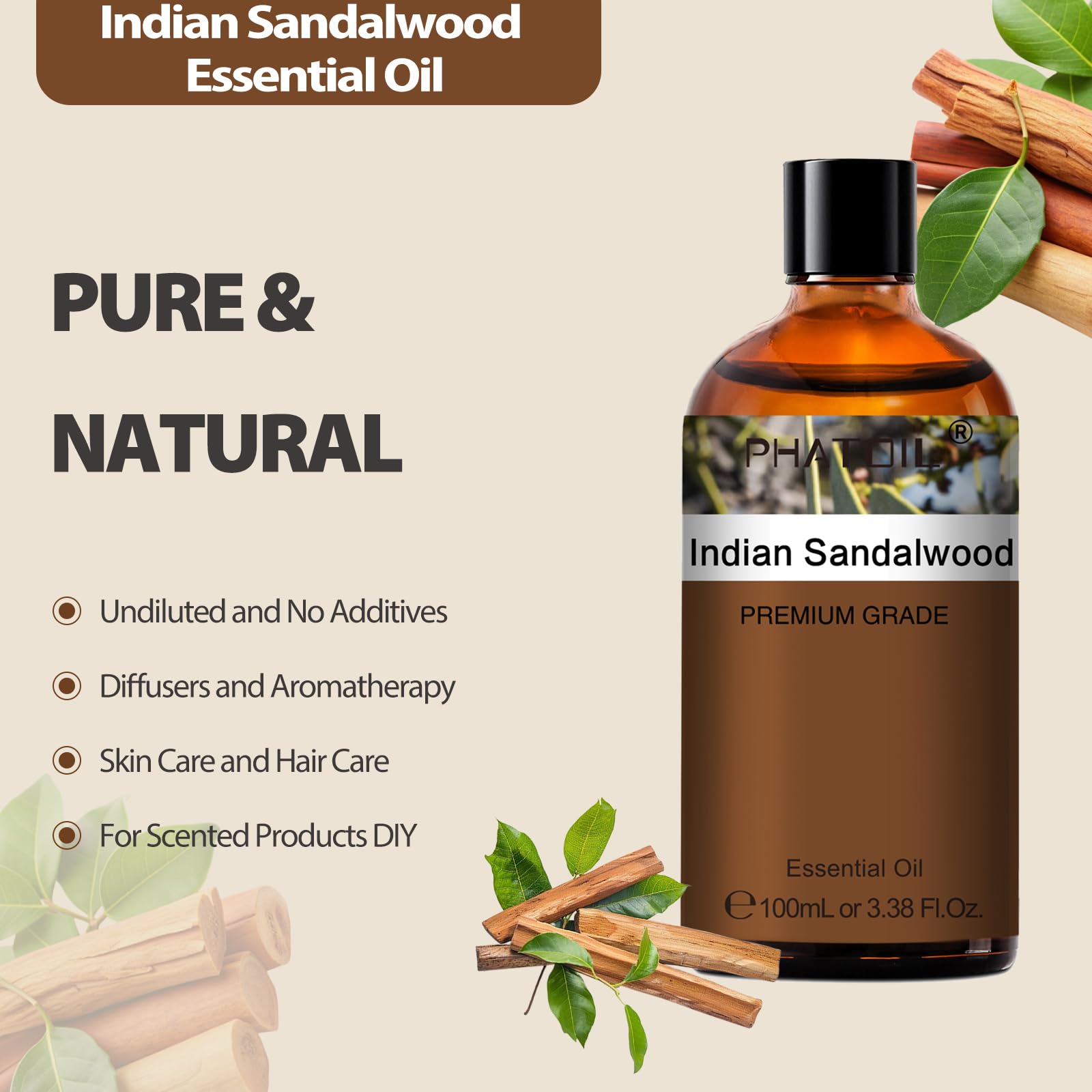 Front view of PHATOIL Indian Sandalwood Essential Oil 100ml amber bottle