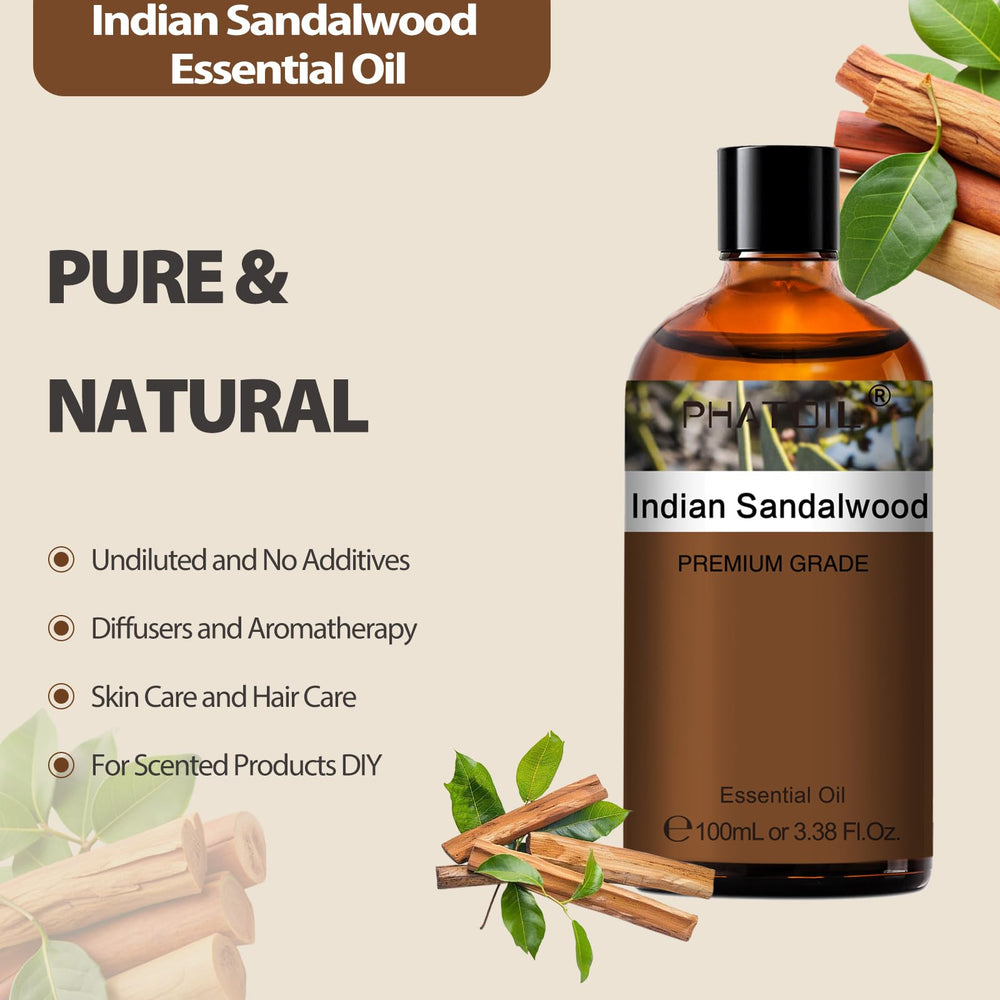 Front view of PHATOIL Indian Sandalwood Essential Oil 100ml amber bottle
