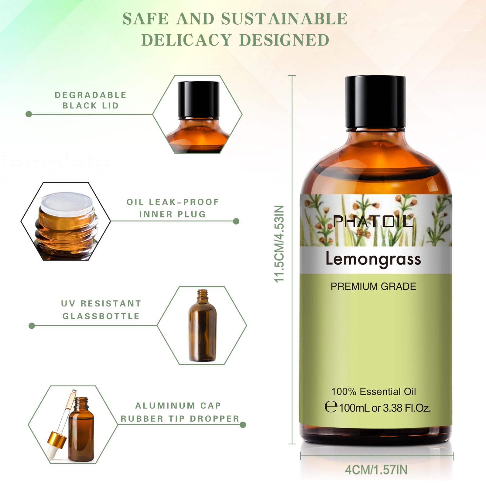 Close-up of PHATOIL lemongrass essential oil amber bottle