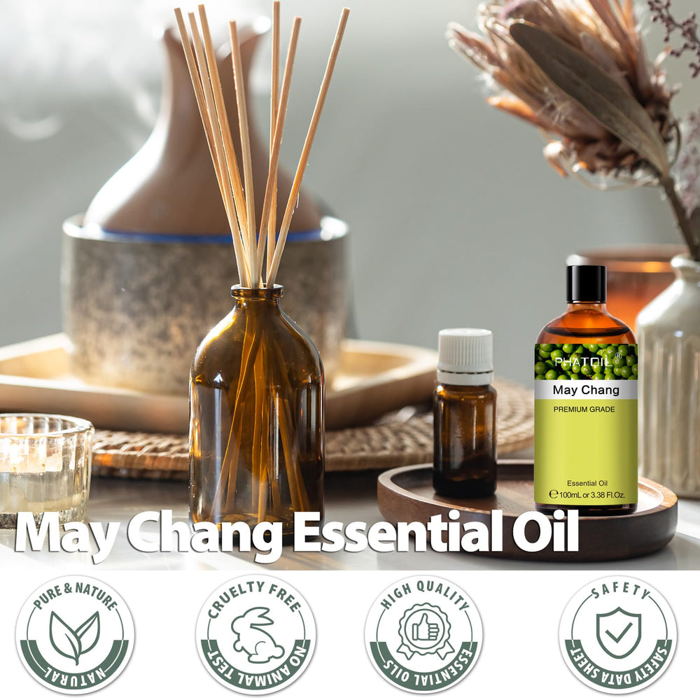 Close-up of May Chang essential oil in dropper