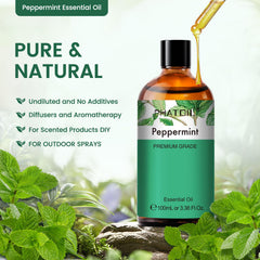 Amber bottle close-up shows built-in dropper for PHATOIL Peppermint Essential Oil