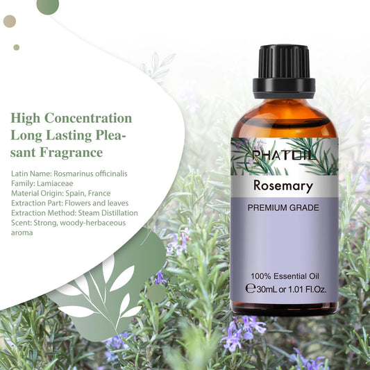Amber glass bottle of PHATOIL rosemary oil with built-in dropper