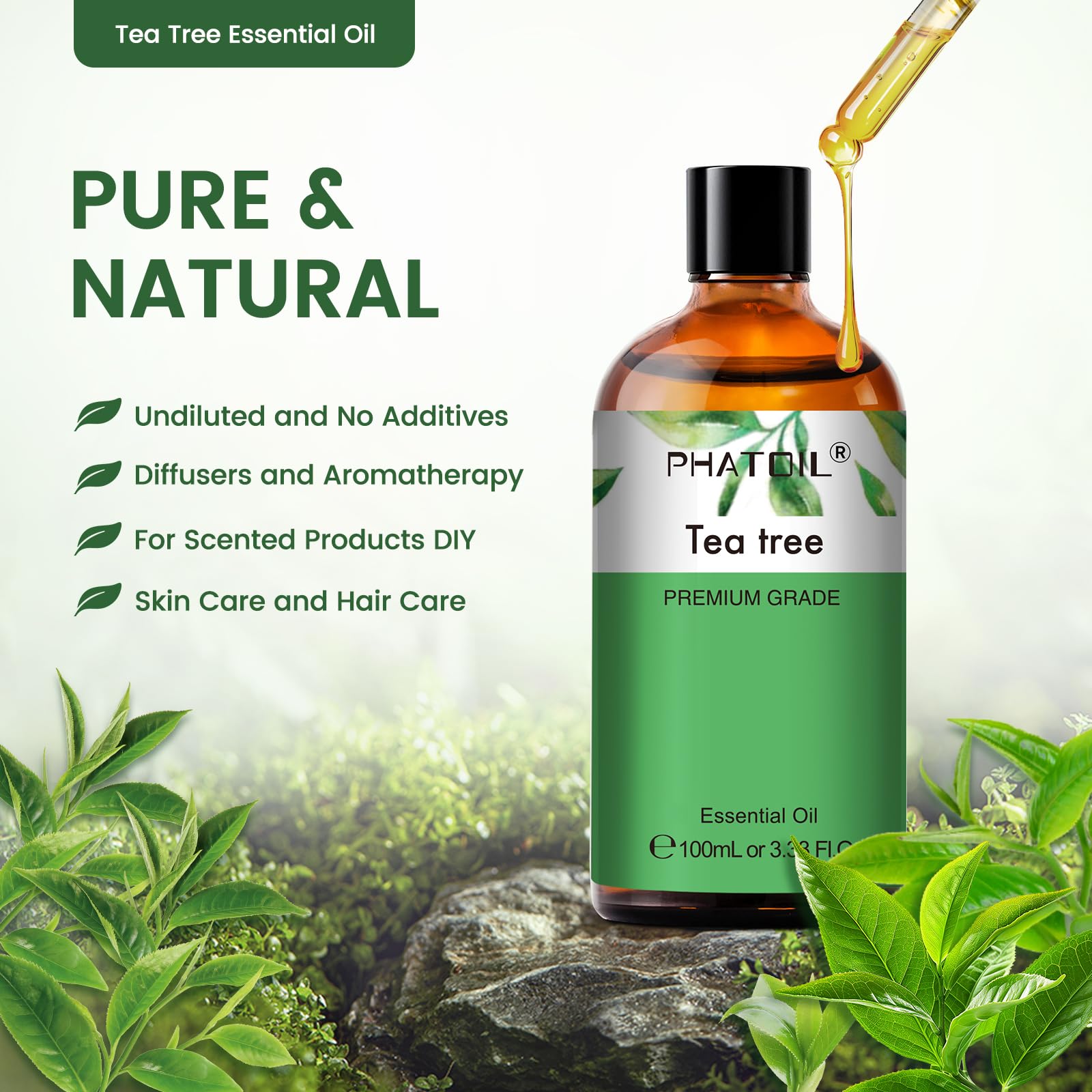 Amber glass bottle of PHATOIL Tea Tree Essential Oil with dropper