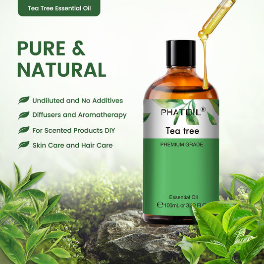 Amber glass bottle of PHATOIL Tea Tree Essential Oil with dropper