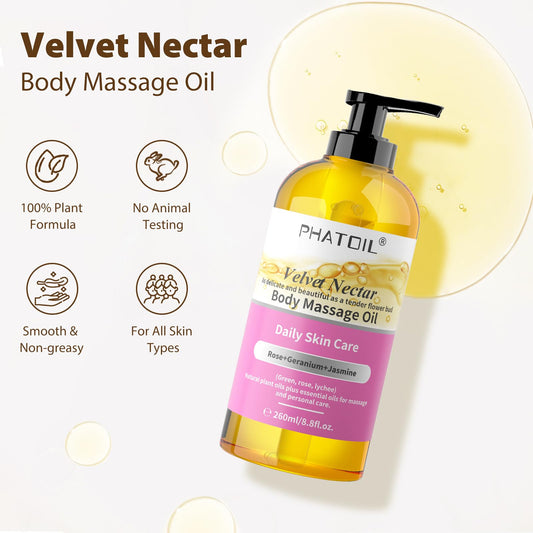 Close-up of Velvet Nectar Body Massage Oil bottle