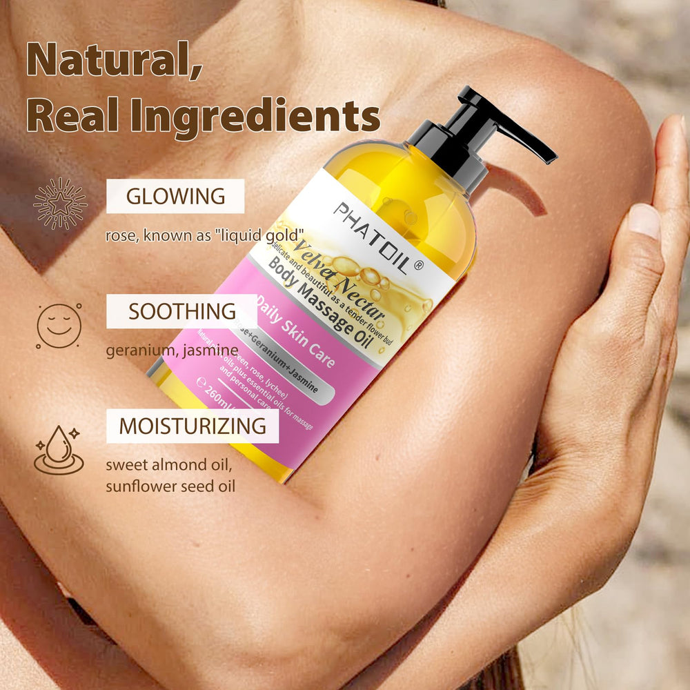 Ingredients list: Sweet Almond Oil, Sunflower Seed Oil, Rose, Geranium and Jasmine
