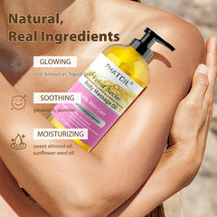 Ingredients list: Sweet Almond Oil, Sunflower Seed Oil, Rose, Geranium and Jasmine