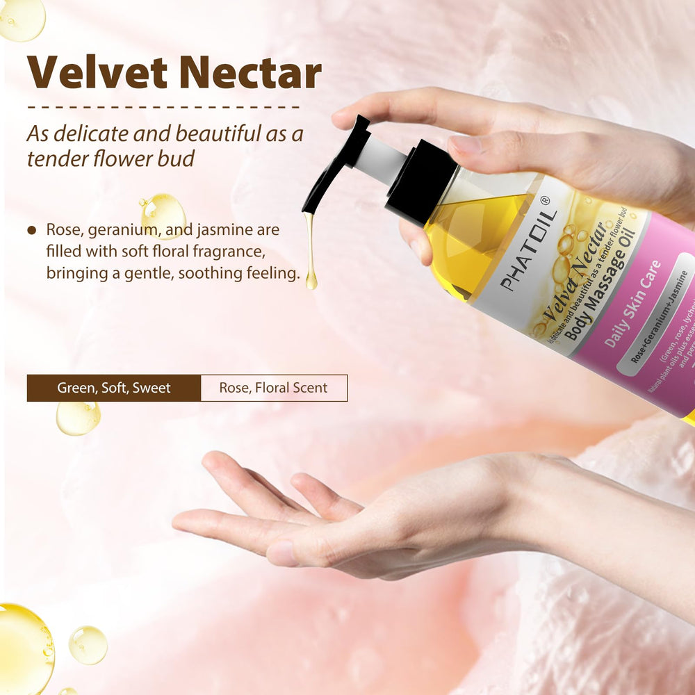 Velvet Nectar massage oil bottle with rose, geranium and jasmine notes