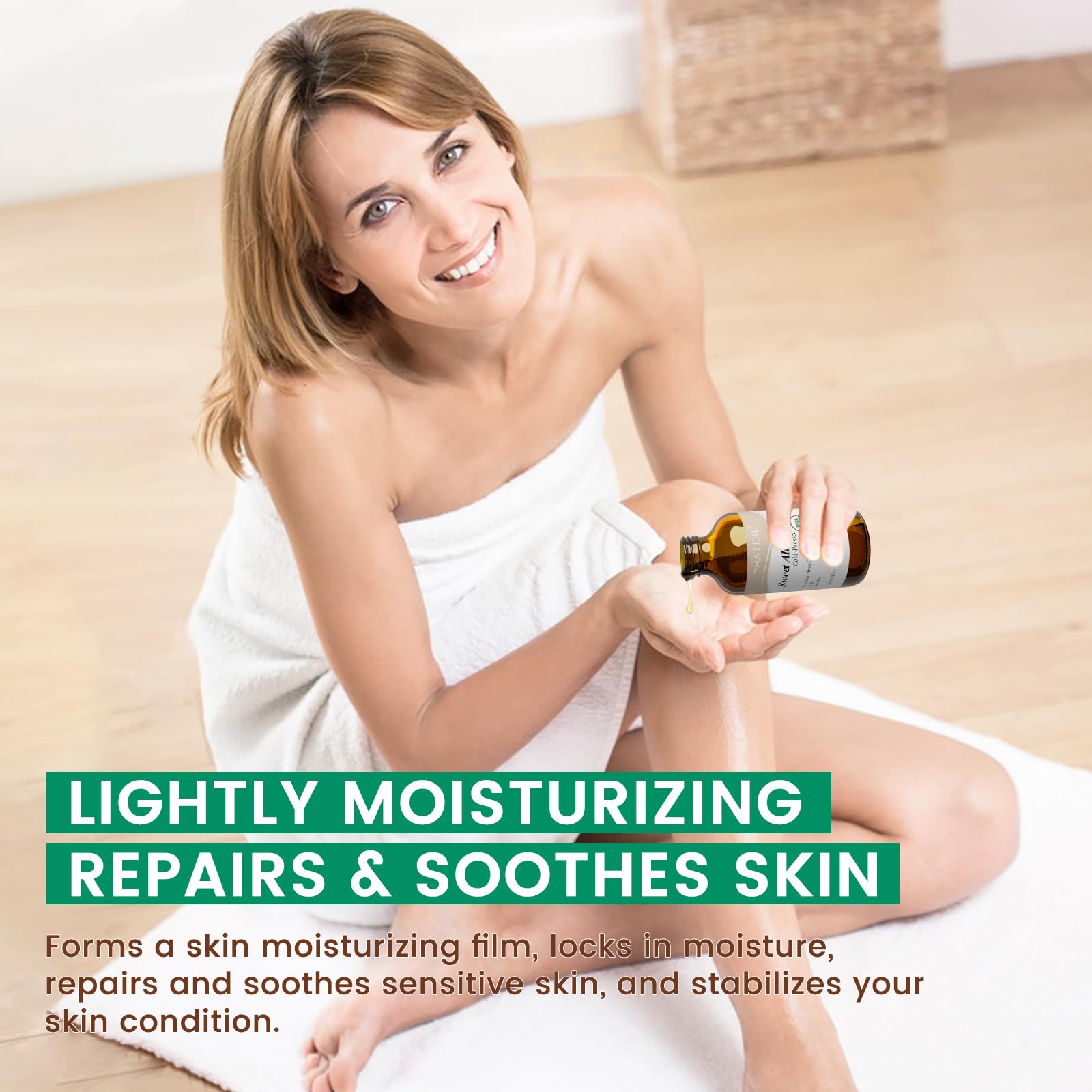 Almond oil shown for skin and hair care uses