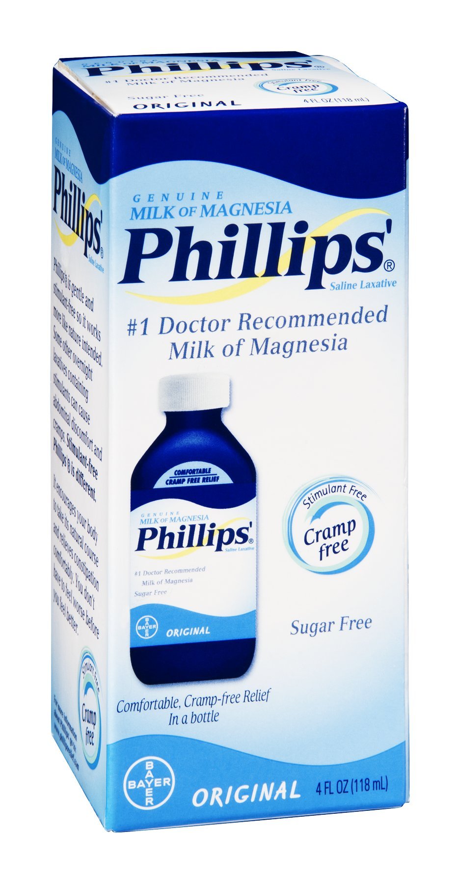 Philips Milk of Magnesia packaging highlighting the original sugar-free formula for adults.