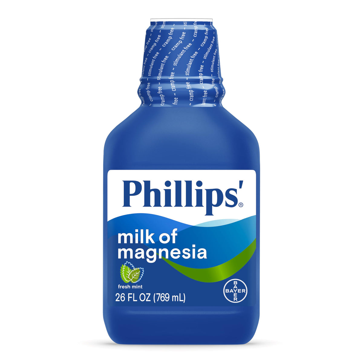 Phillips' Fresh Mint Milk of Magnesia bottle front view for occasional constipation relief.