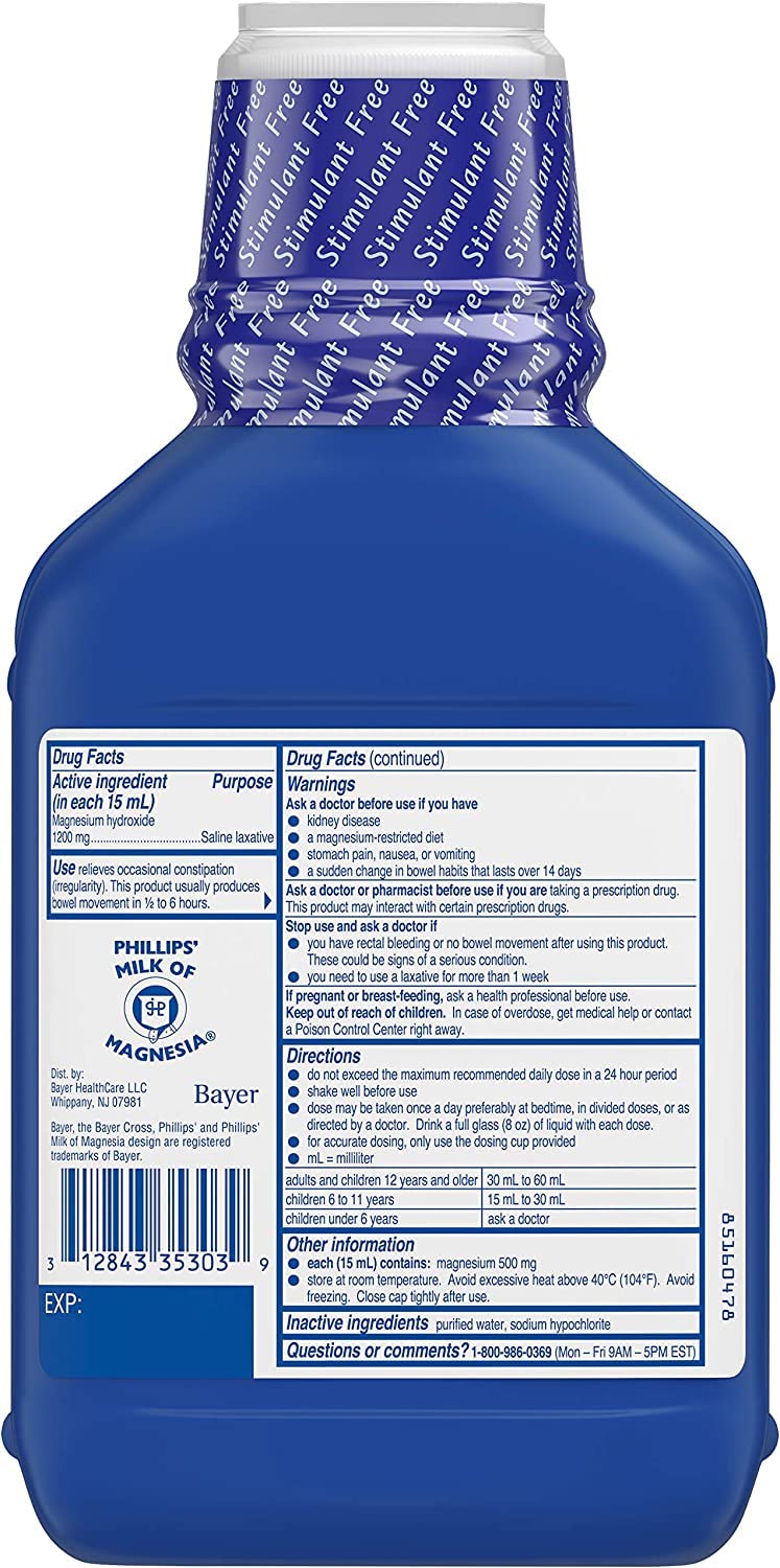 Phillips' Milk of Magnesia liquid pour showing smooth texture for easy use.