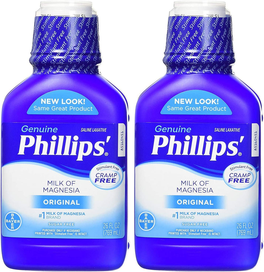 Phillips' Milk of Magnesia original bottle front view showing two-bottle convenience for overnight relief