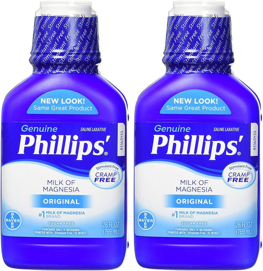 Phillips' Milk of Magnesia original bottle front view showing two-bottle convenience for overnight relief
