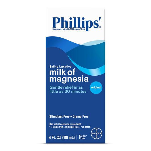 Phillips' Milk of Magnesia original bottle ready for gentle, non-stimulant relief from occasional constipation.