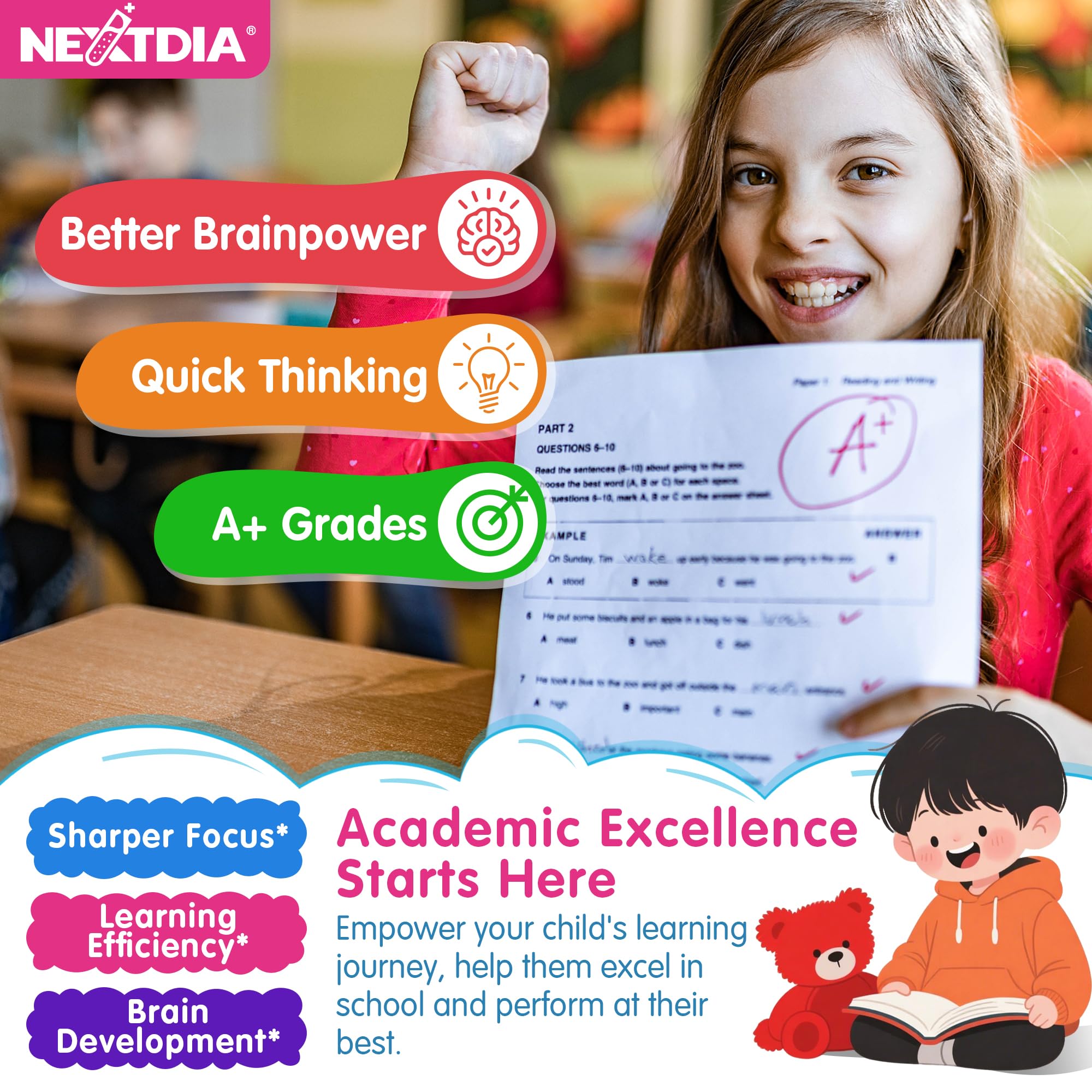 Illustration of a focused child with brain-boosting gummies
