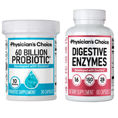 Hero image of Physician's CHOICE Gut Health Bundle featuring 60 Billion CFU Probiotics and Digestive Enzymes