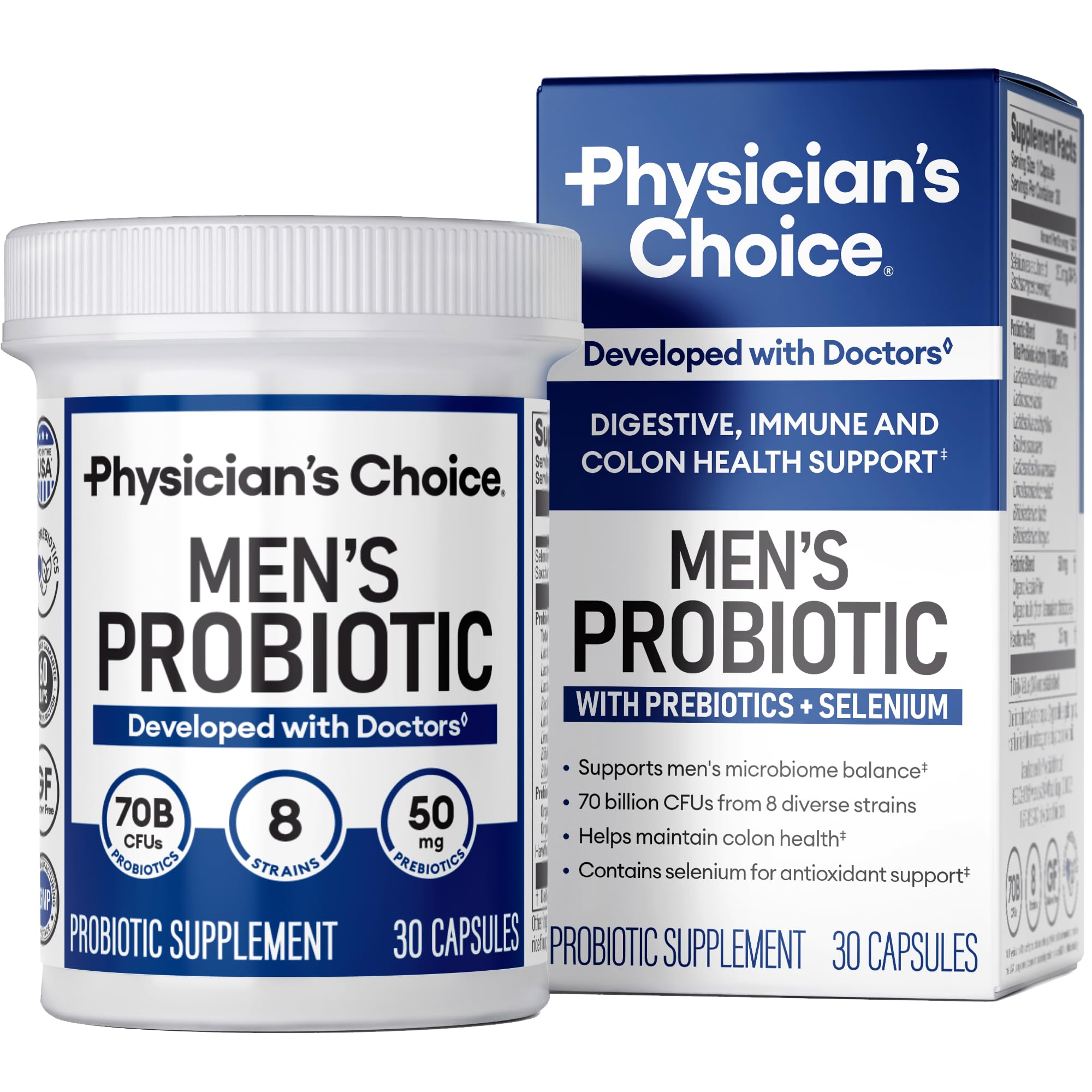 Front of Physician's Choice Probiotics for Men bottle showing 70B CFU and 8 strains