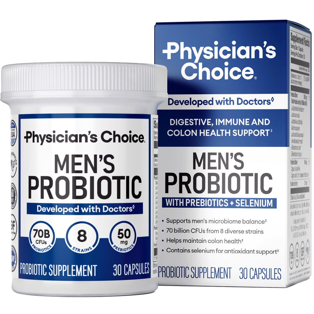 Front of Physician's Choice Probiotics for Men bottle showing 70B CFU and 8 strains