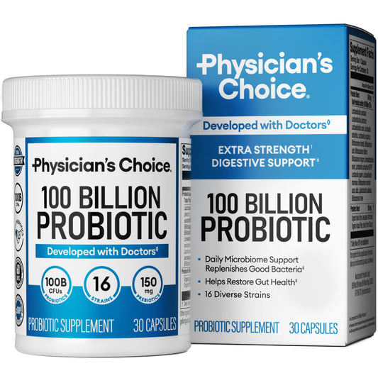 Bottle of Physician's CHOICE 100 Billion Probiotic with 16 strains and organic prebiotics