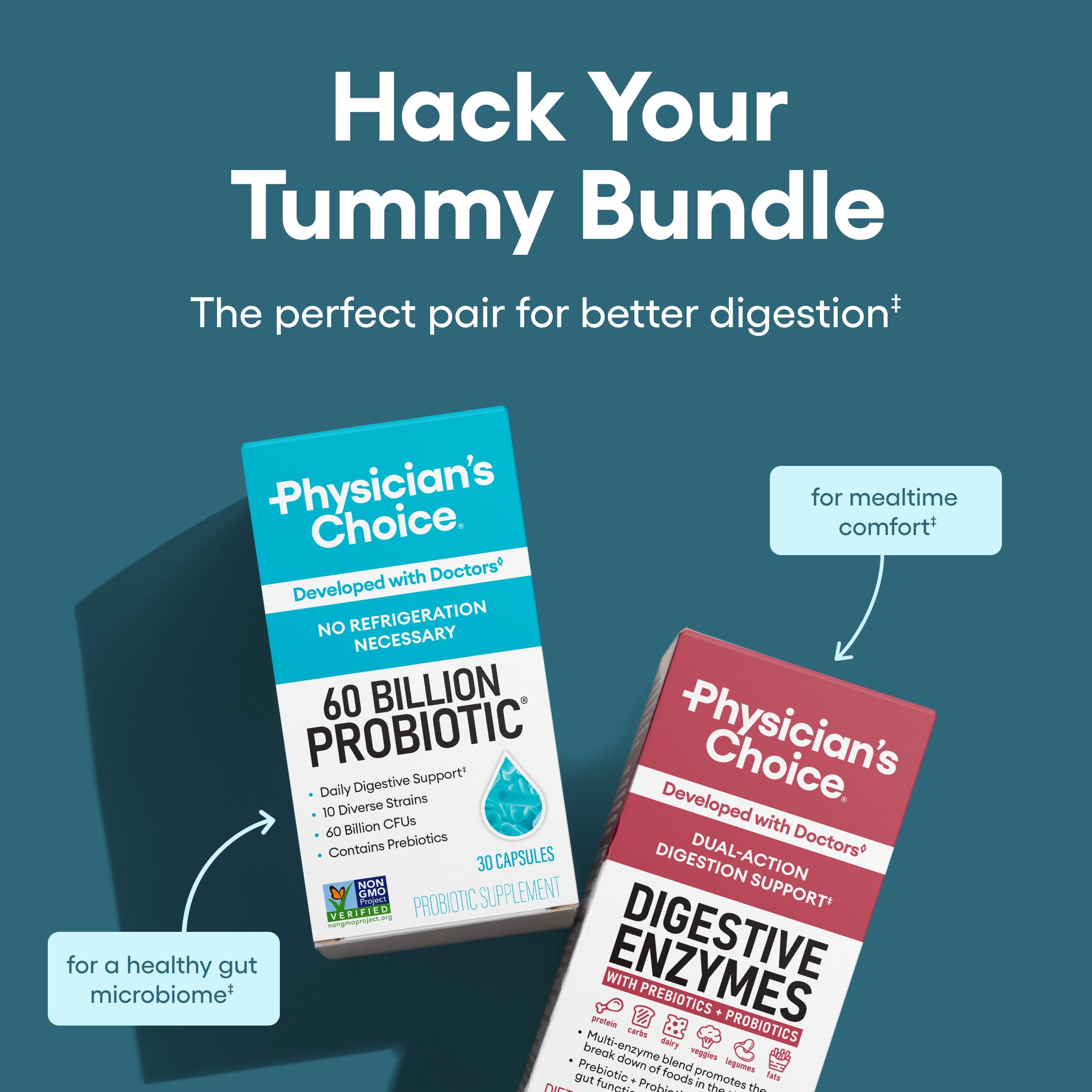 Physician's CHOICE digestive enzymes bottle aids meal digestion and nutrient uptake.