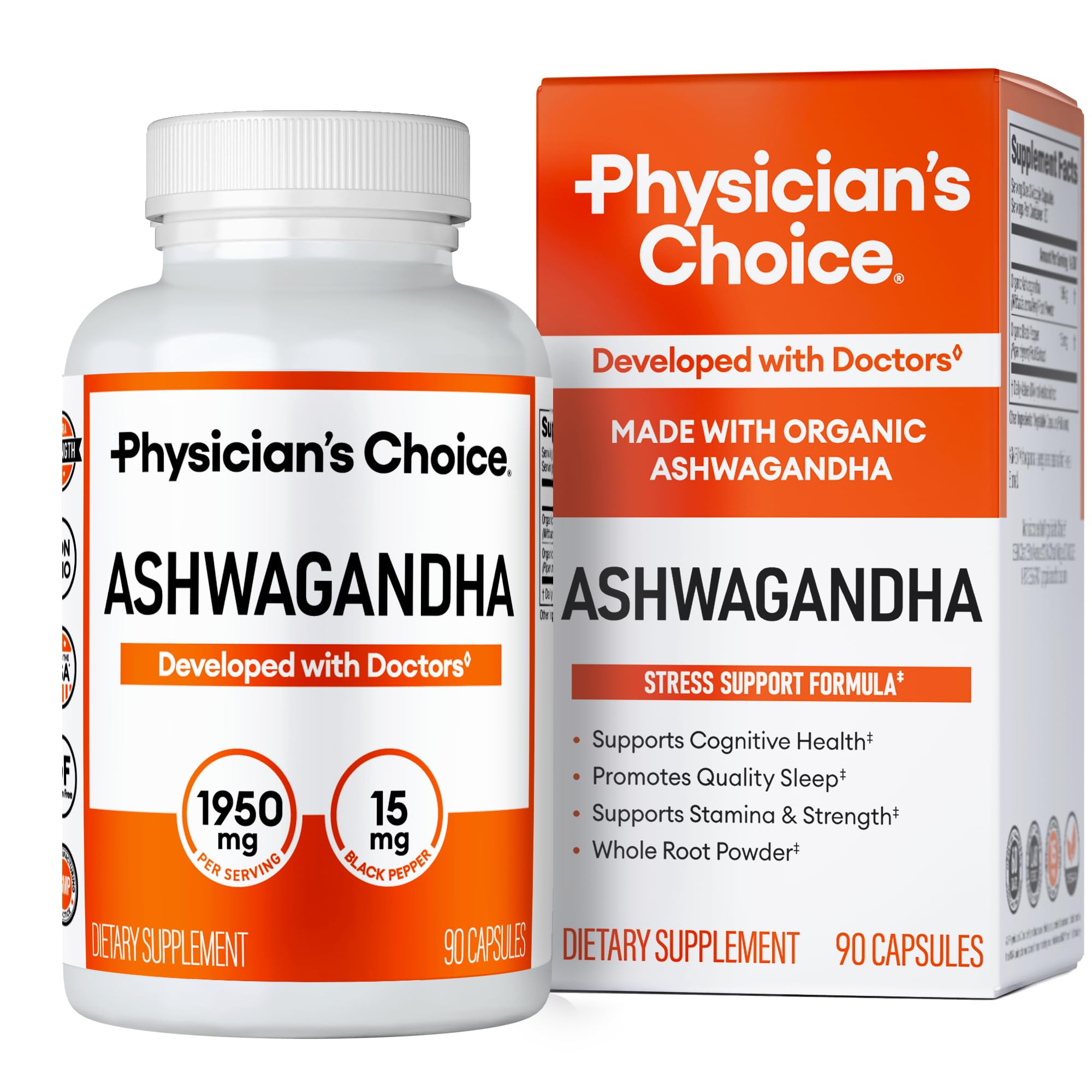 Physician's Choice Ashwagandha bottle with 90 veggie capsules