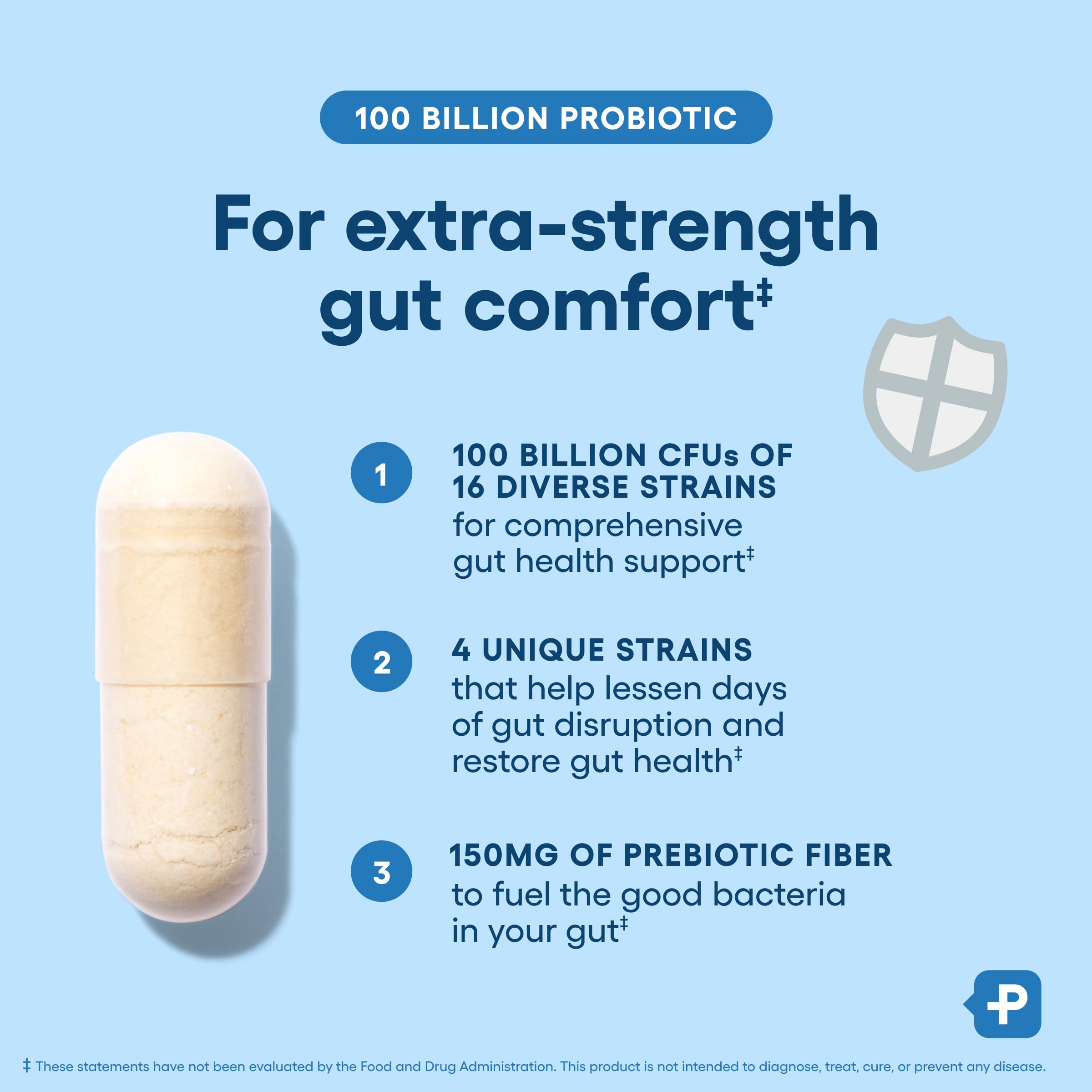 Graphic highlighting gut health benefits: supports occasional constipation, diarrhea, gas and bloating