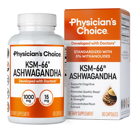 Front view of Physicians Choice KSM-66 Ashwagandha bottle with label