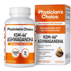 Front view of Physicians Choice KSM-66 Ashwagandha bottle with label