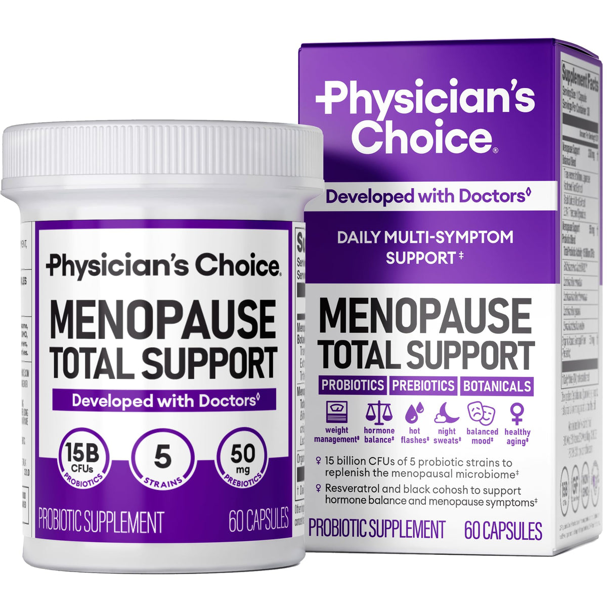 Physician's CHOICE menopause probiotic bottle on a clean surface promotes daily balance.