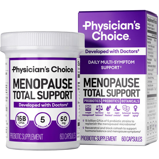 Physician's CHOICE menopause probiotic bottle on a clean surface promotes daily balance.