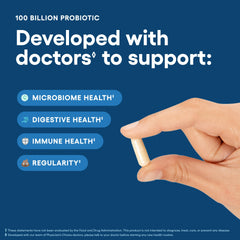 Graphic showing 16 probiotic strains and organic prebiotics in the formula
