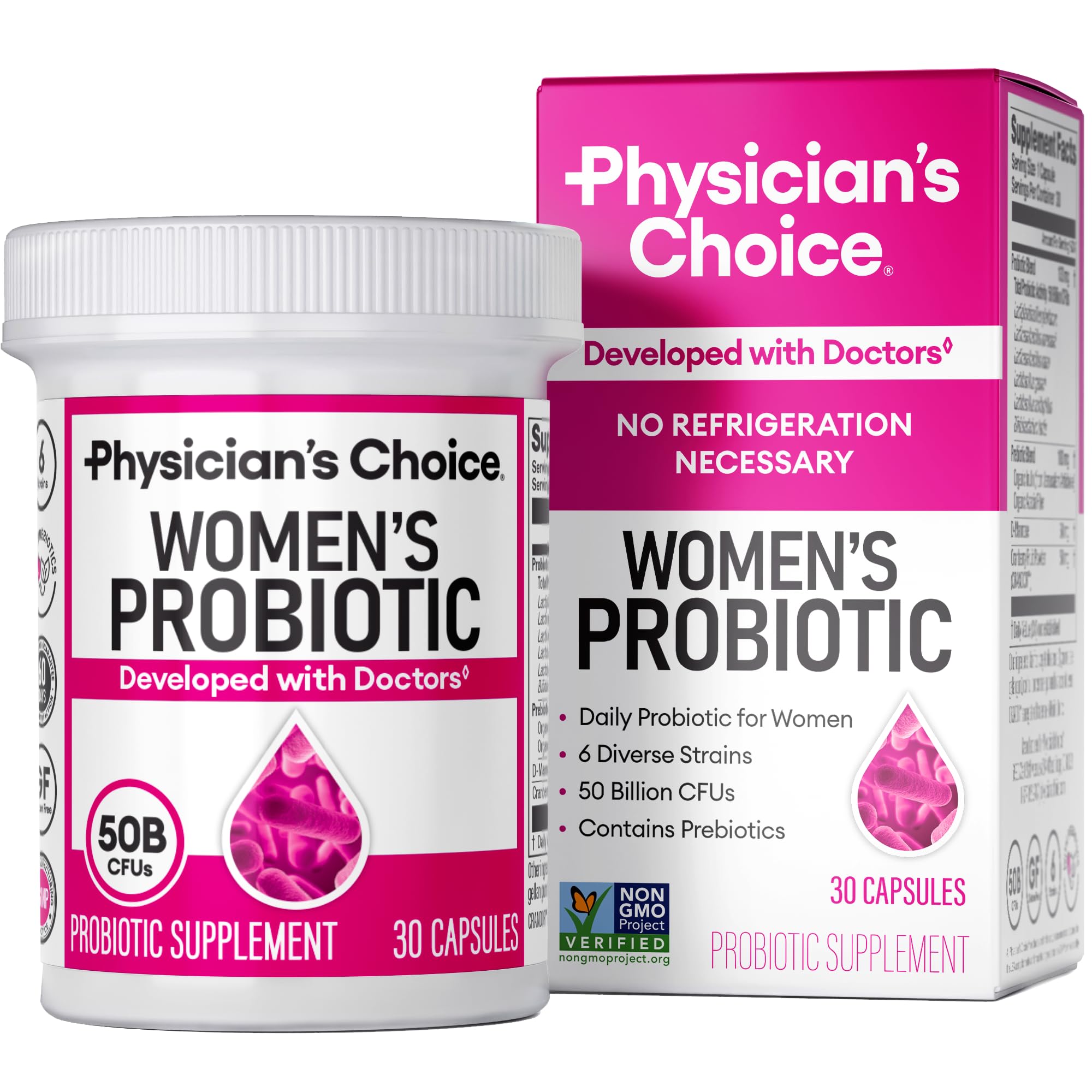 Physician's CHOICE Women Probiotics bottle label showing 50 Billion CFU and 6 strains