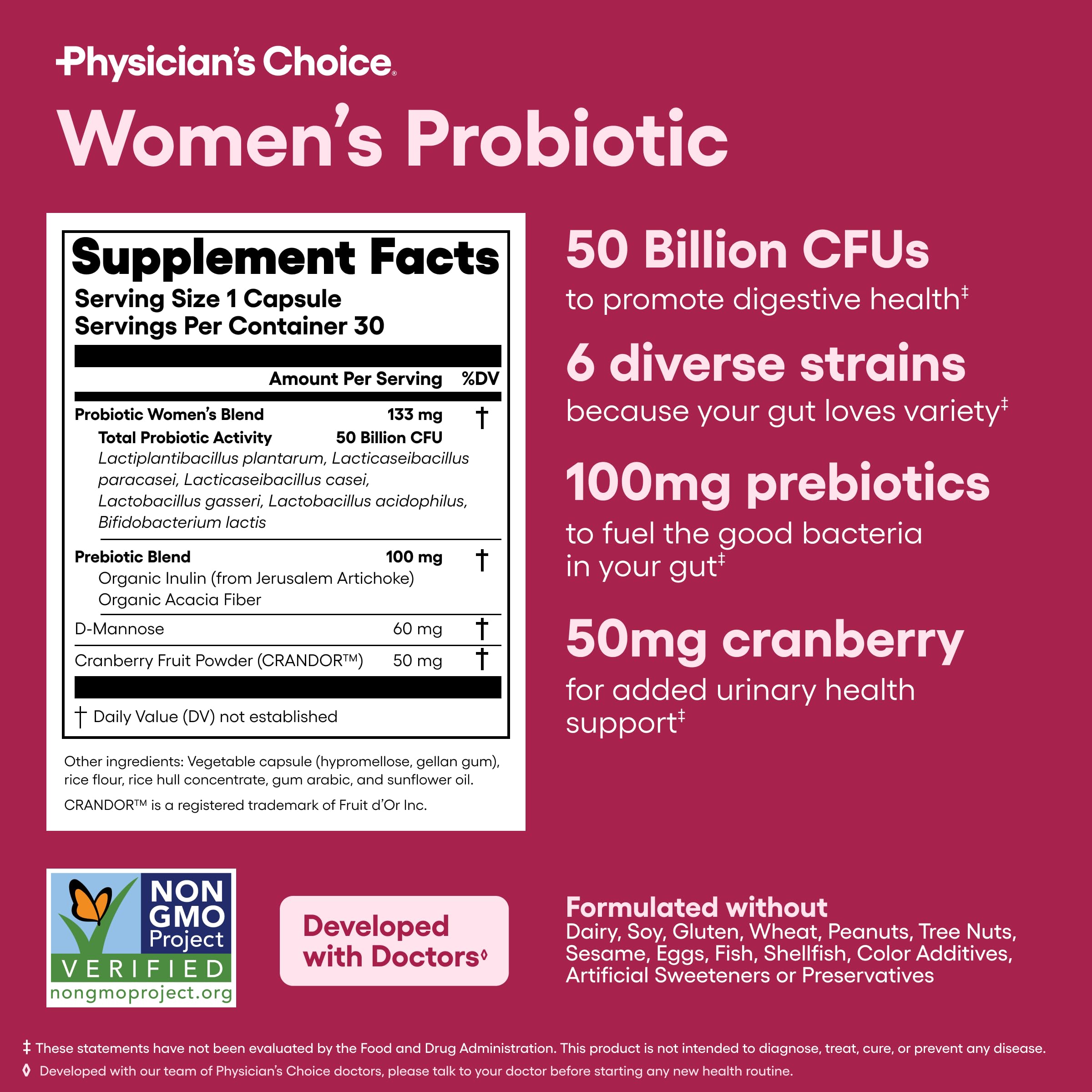 Packaging featuring D-Mannose, Pro-Cran, and organic prebiotics
