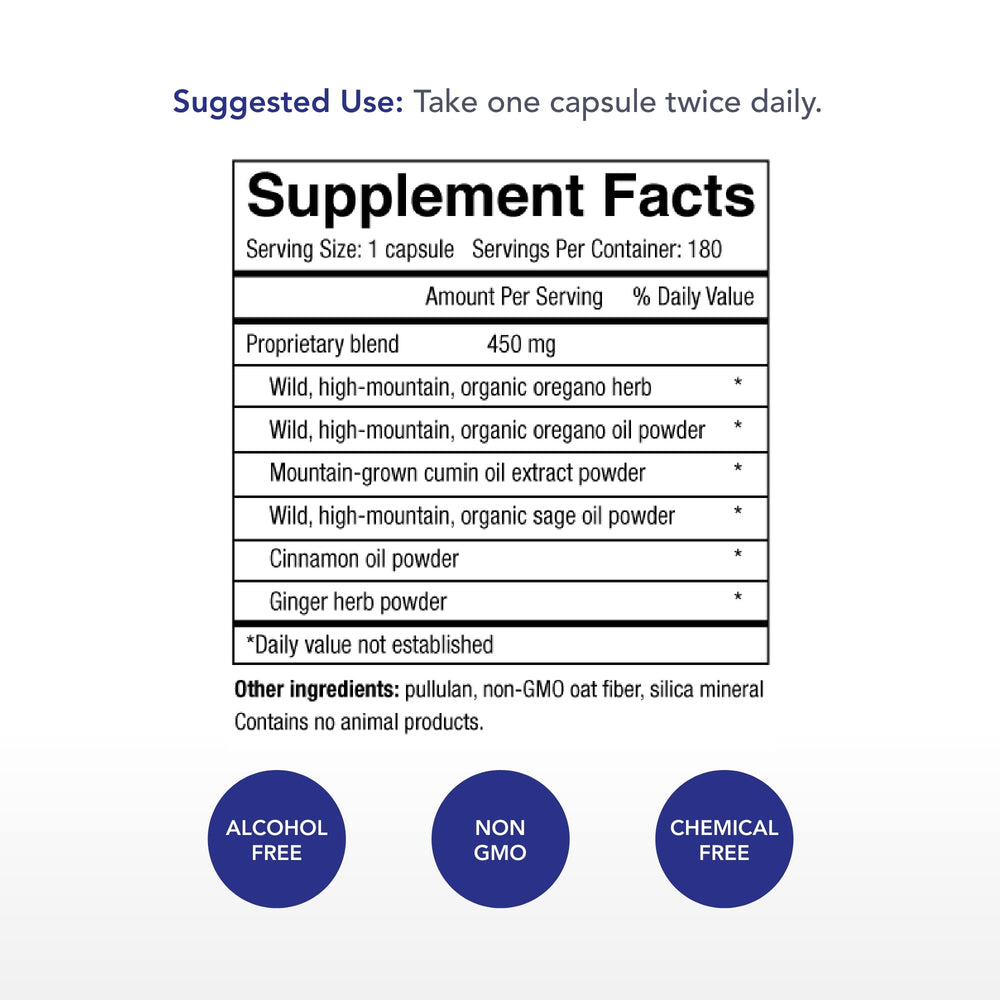 Oregacillin bottle label with 180 capsules
